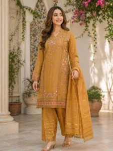 Summer Collection Fancy 3 Pcs Women's Stitched Embroidered Suit Long Shirt