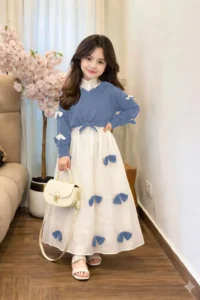 Girls Georgette Bow Top Maxi Set Blue White Bow Stitch