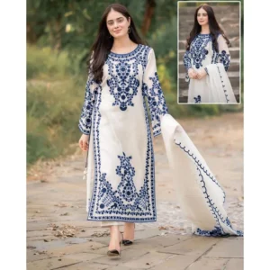 Elegant Blue Embroidered 3-Piece Suit for Women