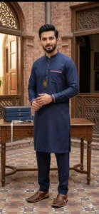 Men's Navy Blue Kurta Pajama Set with Embroidered Design