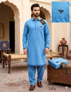 Men's Blue Denim Shirt & Trouser Set with Button Closure
