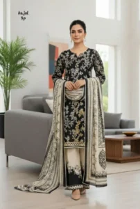 Black Embroidered Peshawari Style Suit with Silk Scarf