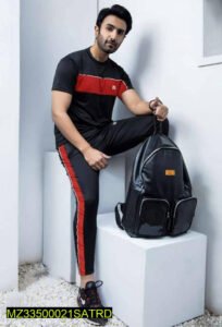 Men Slim Fit Printed Track Suit Black Red XL